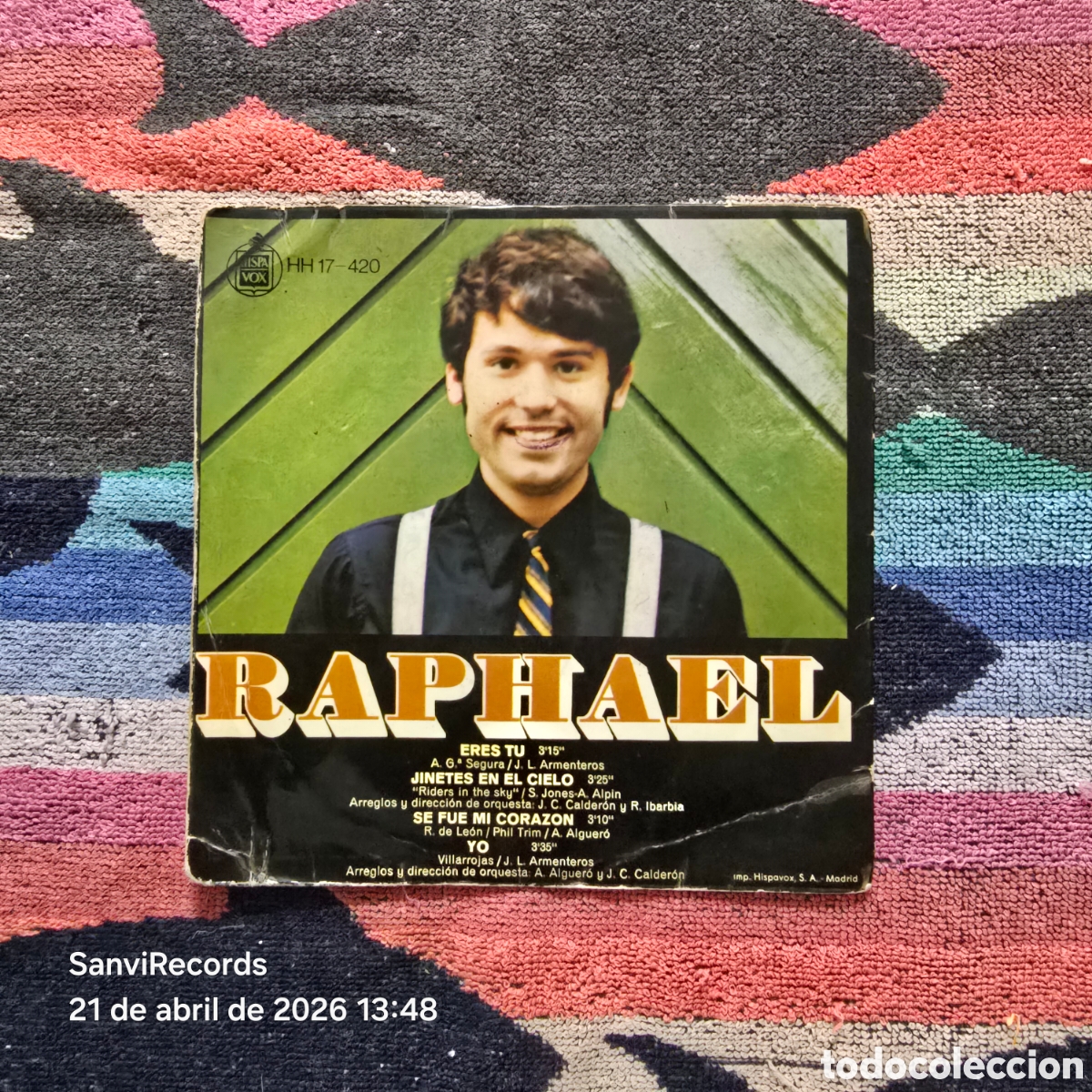 Discos de vinilo: [EP] RAPHAEL: ERES TU - JINETES EN EL CIELO... (HISPA VOX) (1969) - Foto 4