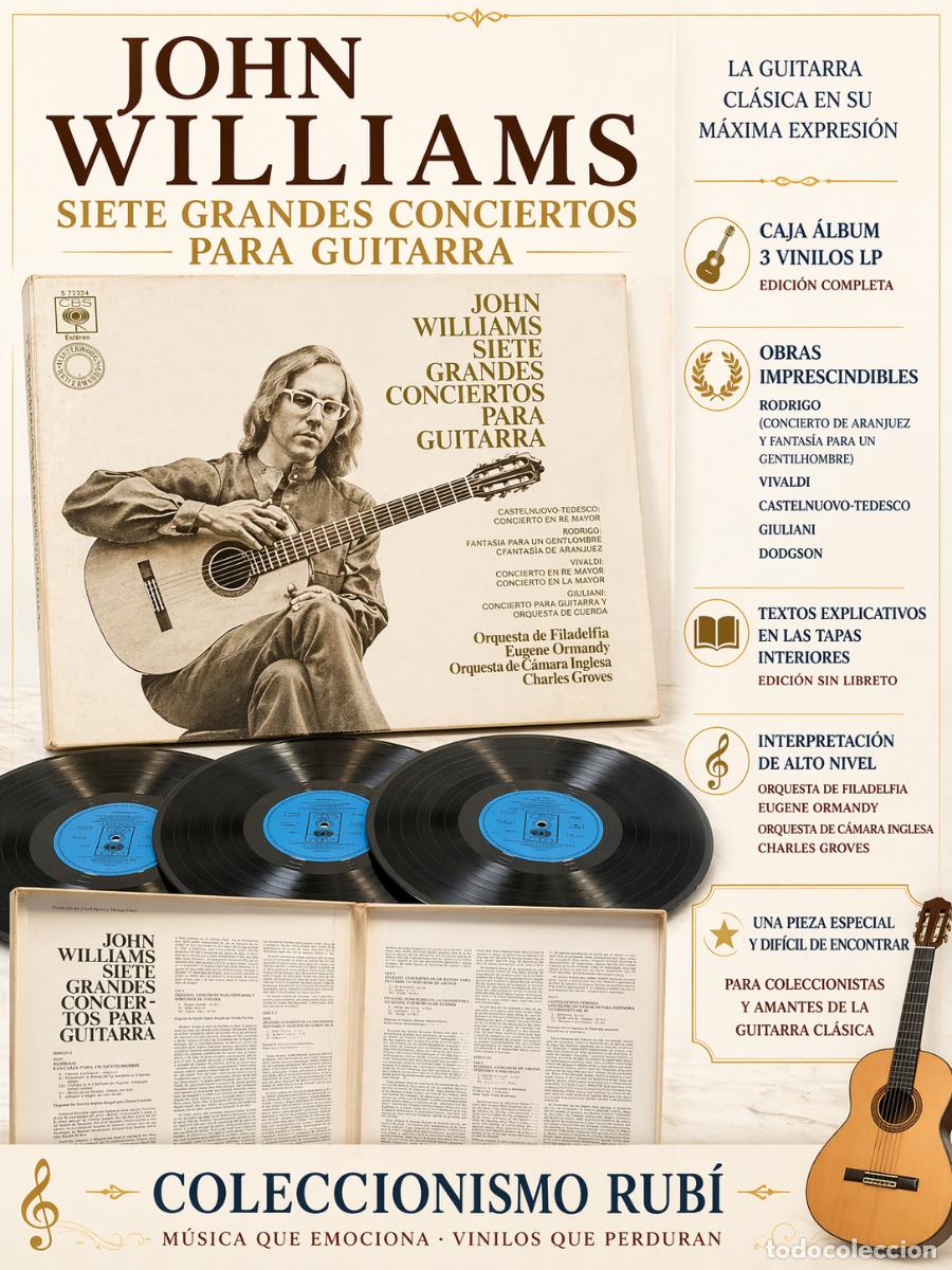 Discos de vinilo: JOHN WILLIAMS / SIETE GRANDES CONCIERTOS PARA GUITARRA / BOX CON 3 VINILOS DE BUENA CALIDAD / 1976