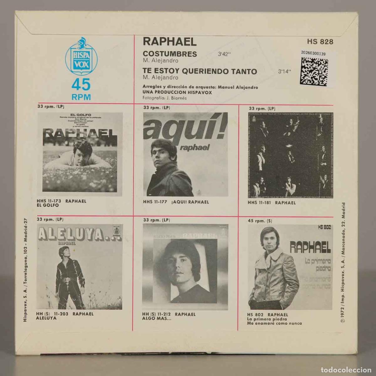 Discos de vinilo: SINGLE. Costumbres - Te estoy queriendo tanto - Raphael - Foto 2