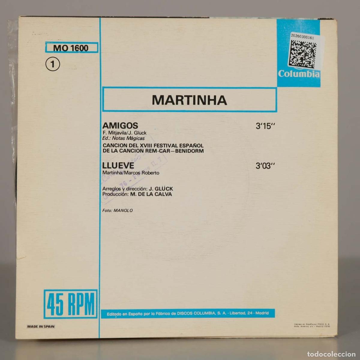 Discos de vinilo: SINGLE. Amigos, Llueve - Martinha - Foto 2