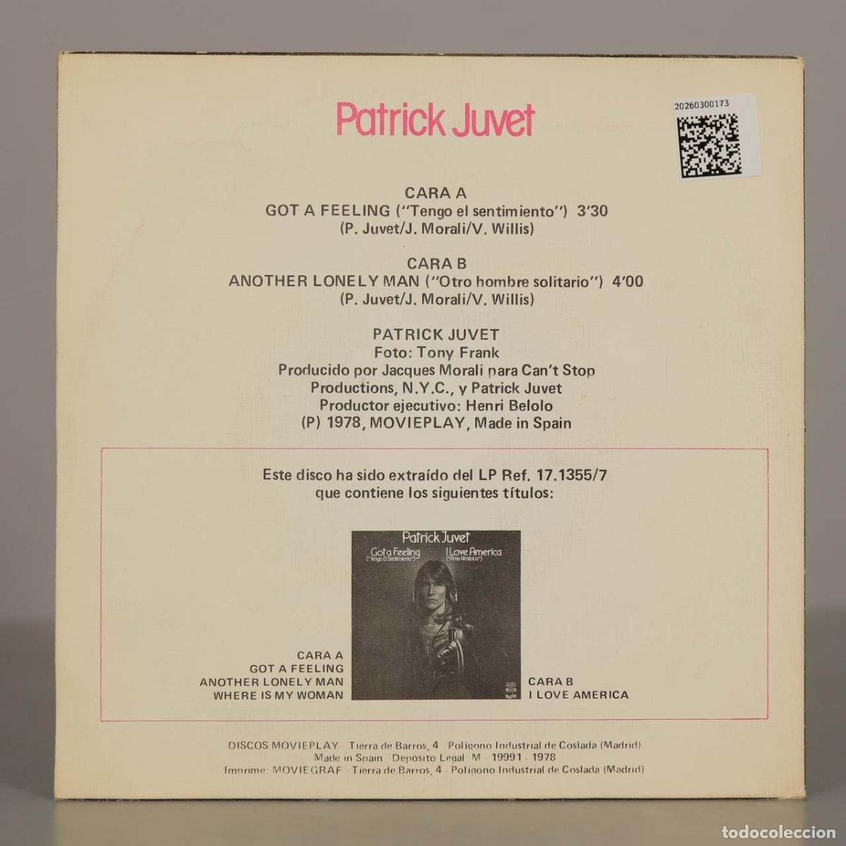 Discos de vinilo: SINGLE. Tengo El Sentimiento (Got A Feeling) - Patrick Juvet - Foto 2