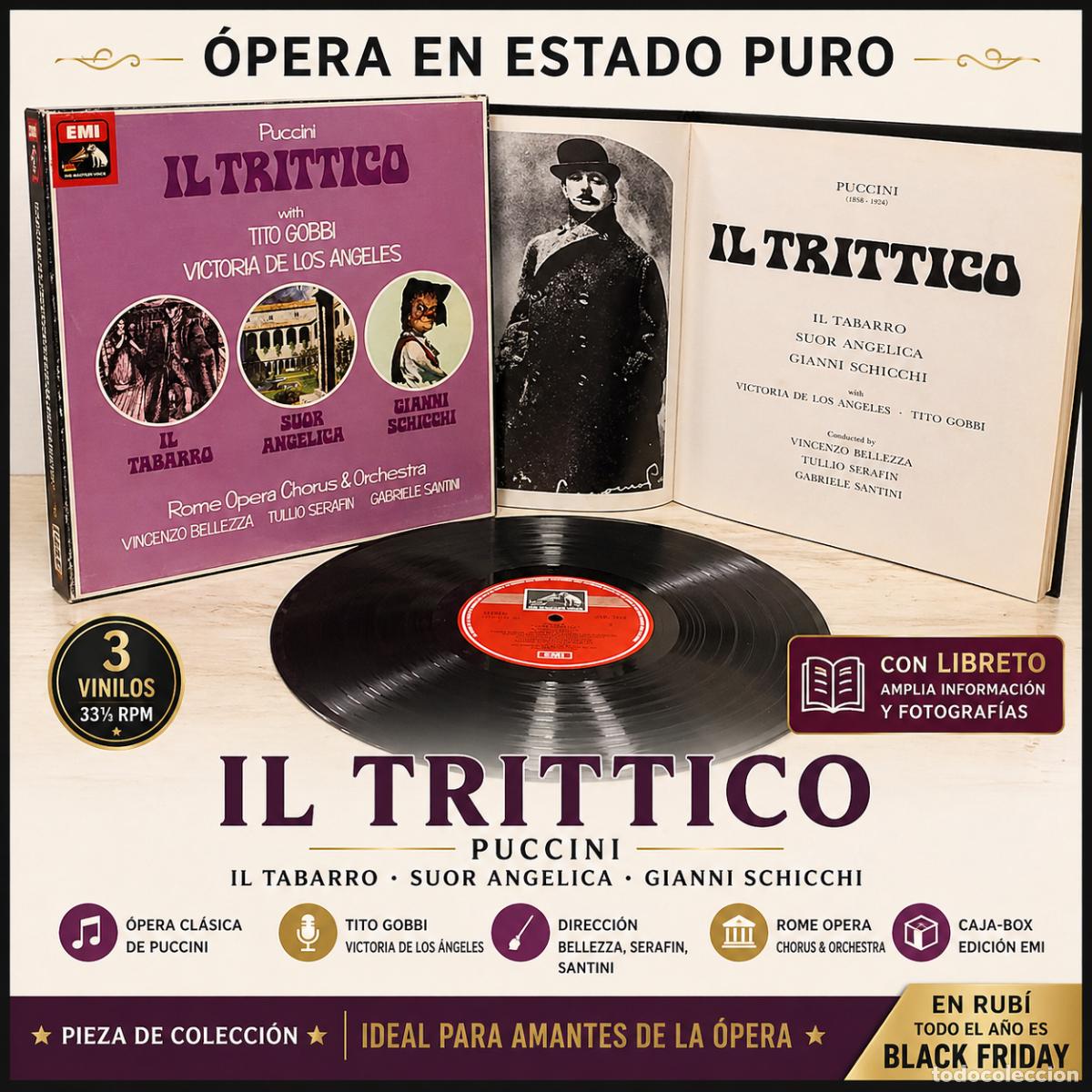 Discos de vinilo: IL TRITTICO (PUCCINI) / GOBBI/DE LOS &Aacute;NGELES / BOX CON 3 VINILOS MBC + LIBRETO. ***/***
