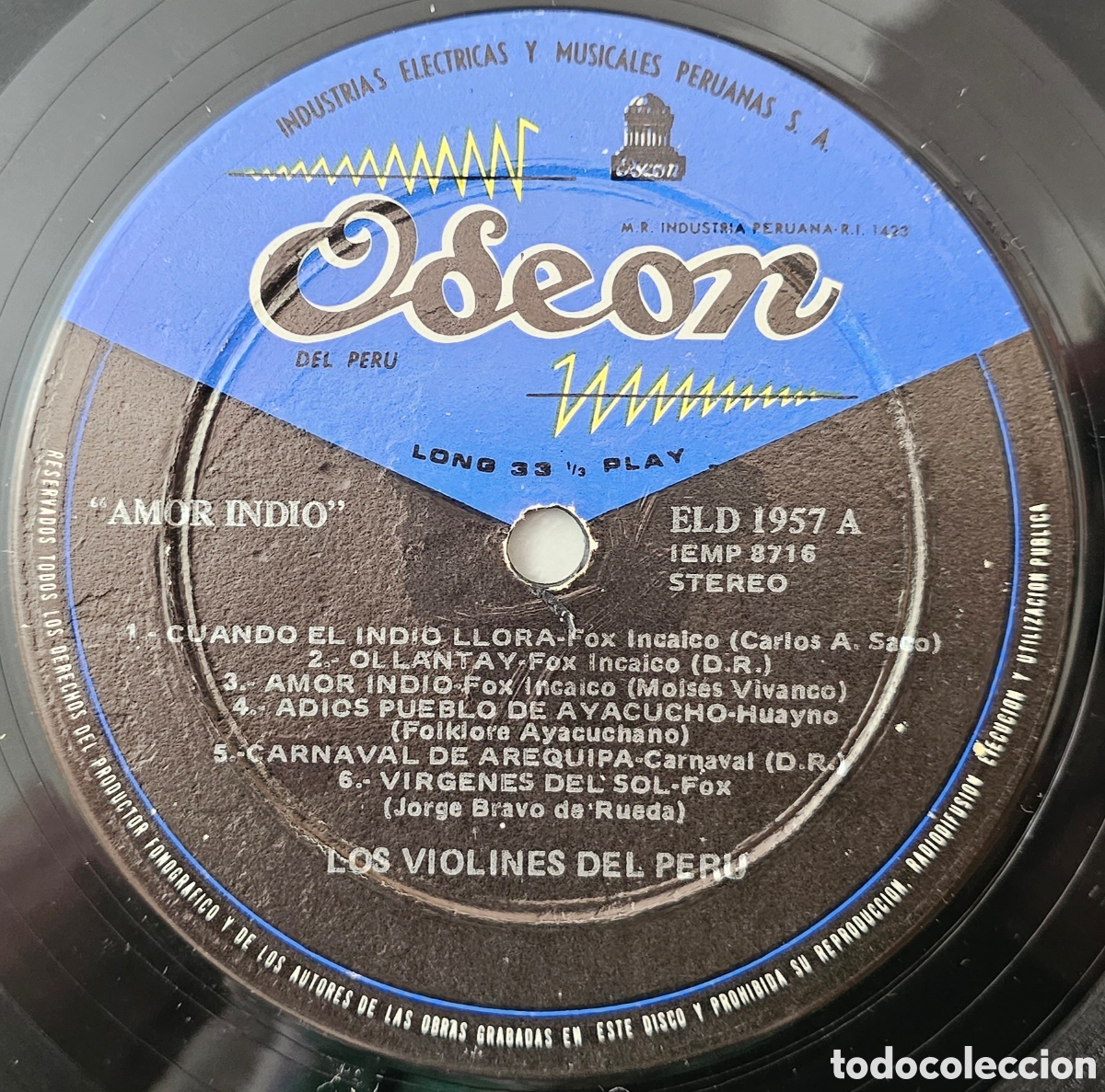Discos de vinilo: LP LOS VIOLINES DEL PERU - Amor Indio (Per&uacute; - Odeon - 1970) SOLO VINILO SIN PORTADA