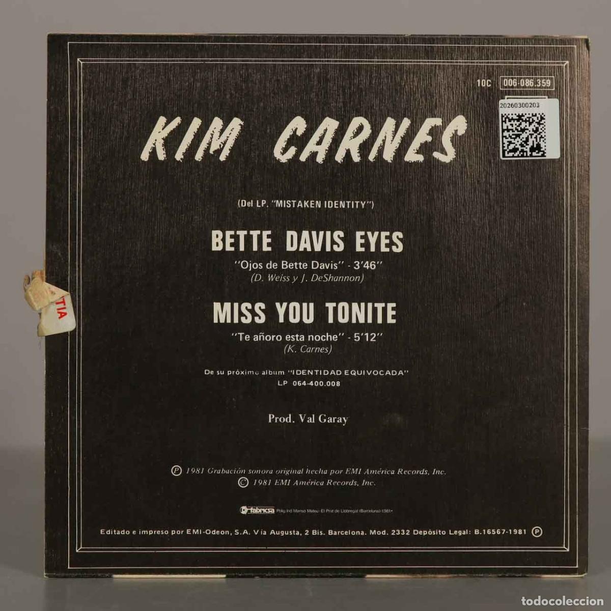 Discos de vinilo: SINGLE. Ojos de Bette Davis - Kim Carnes - EMI-Odeon - Foto 2