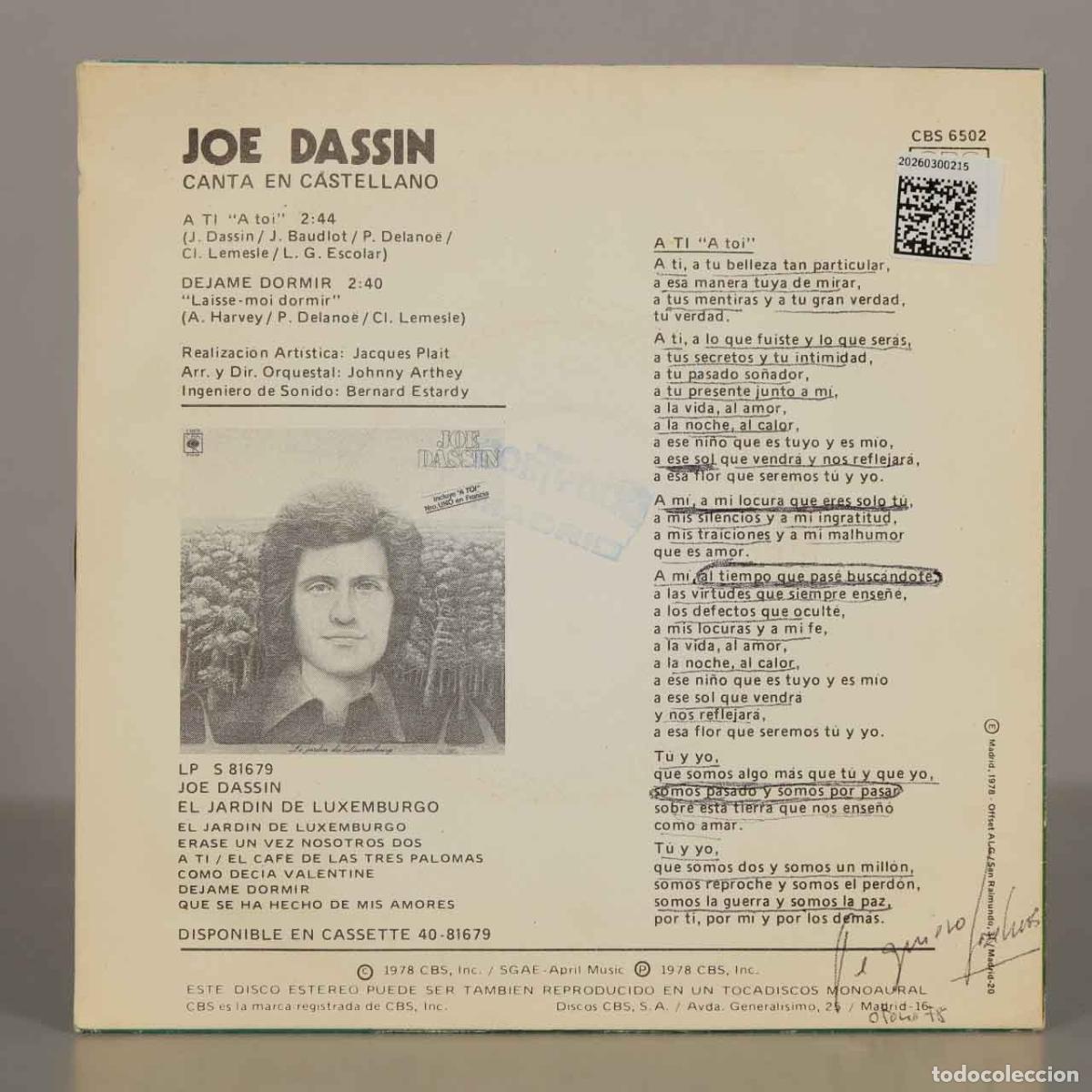 Discos de vinilo: SINGLE. A ti, D&eacute;jame dormir - Joe Dassin - Foto 2