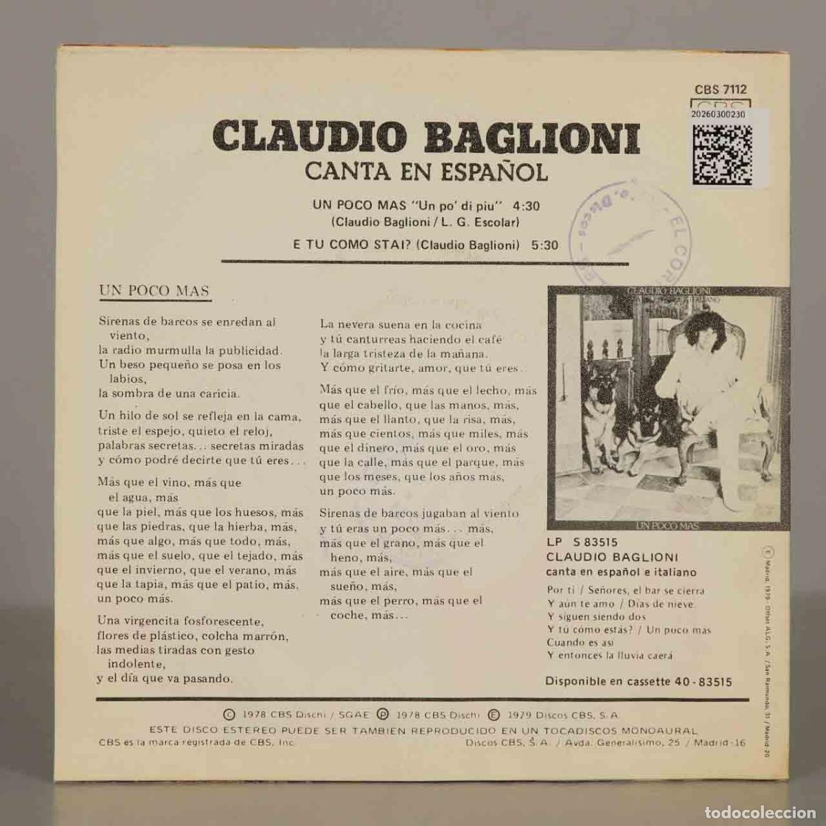 Discos de vinilo: SINGLE. Un Poco Mas - Claudio Baglioni - Foto 2