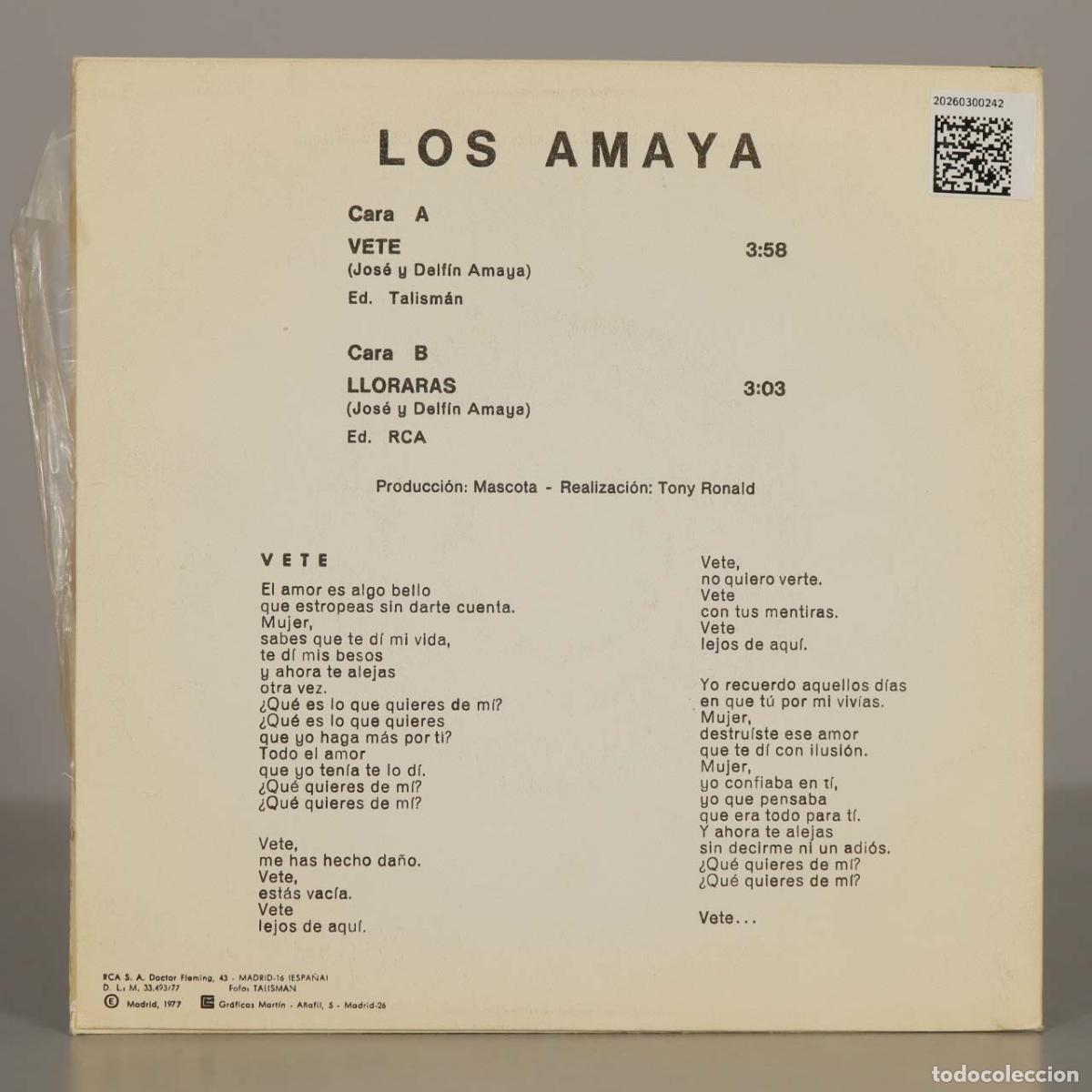 Discos de vinilo: SINGLE. Vete - Llorar&aacute;s - Los Amaya - Foto 2