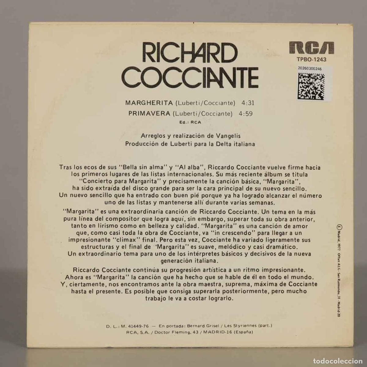 Discos de vinilo: SINGLE. Margherita - Richard Cocciante - Foto 2