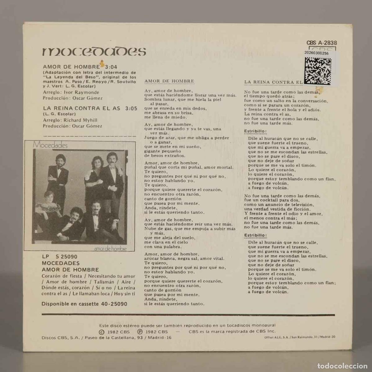 Discos de vinilo: SINGLE. Amor De Hombre - Mocedades - Foto 2