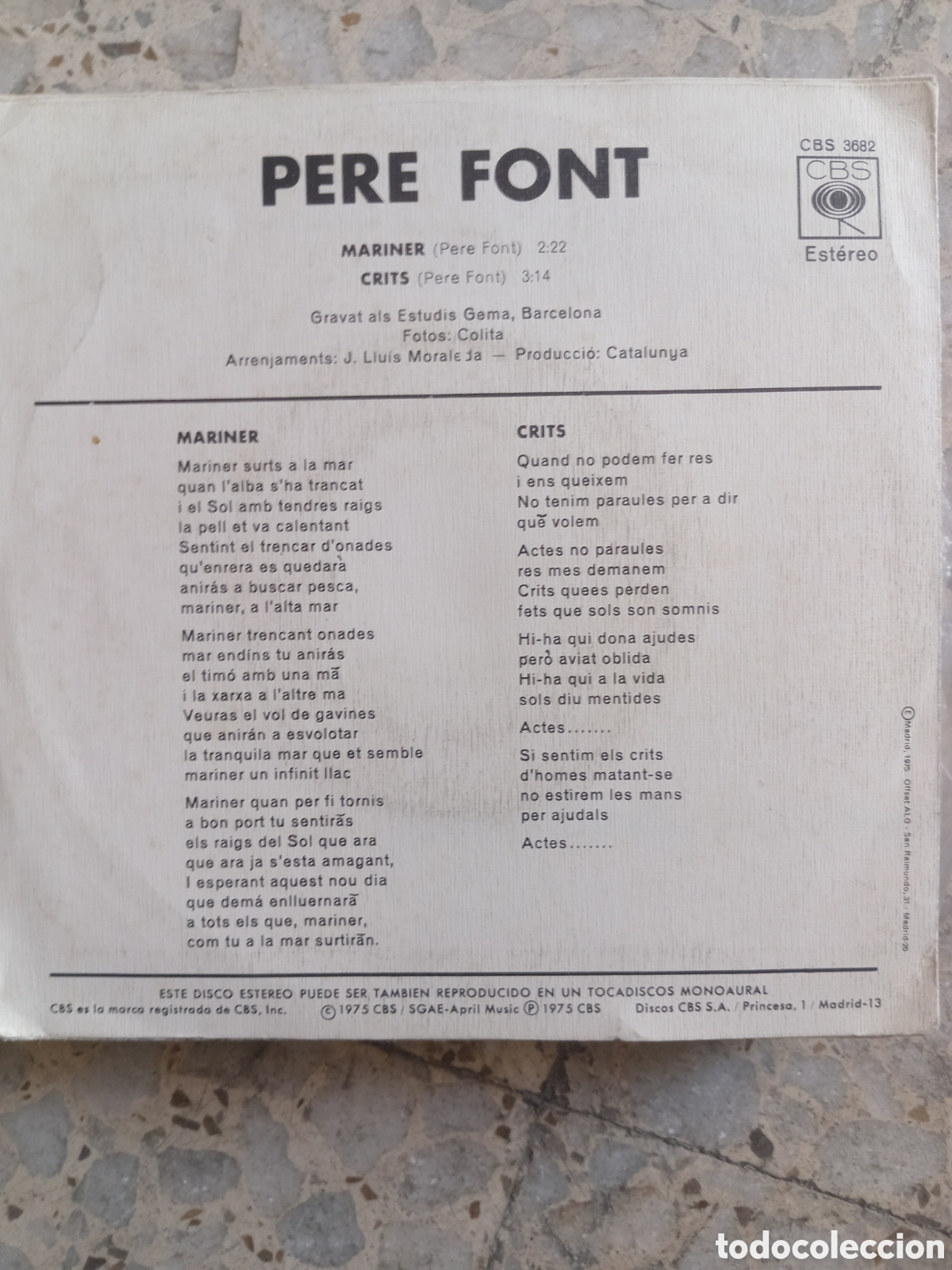 Discos de vinilo: SGL PERE FONT MARINER 1975 - Foto 2