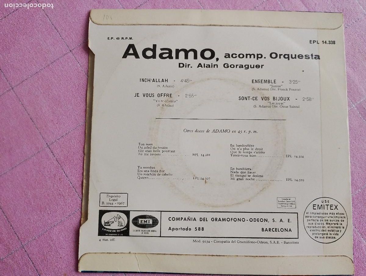 Discos de vinilo: Adamo &lrm;&ndash; Inch Allah 1967 ed espa&ntilde;ola - Foto 4
