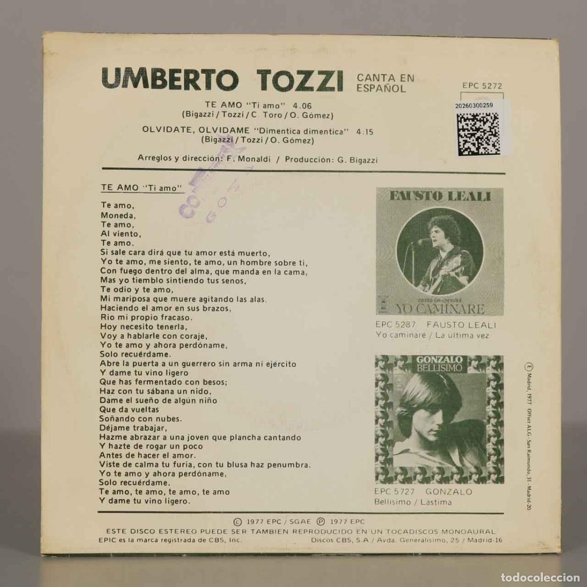 Discos de vinilo: SINGLE. Te Amo - Umberto Tozzi - Epic - Foto 2
