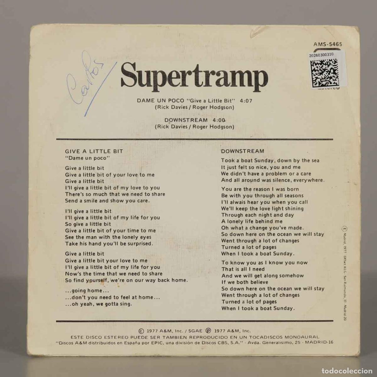 Discos de vinilo: SINGLE. Give A Little Bit = Dame Un Poco / Downstream - Supertramp - Foto 2