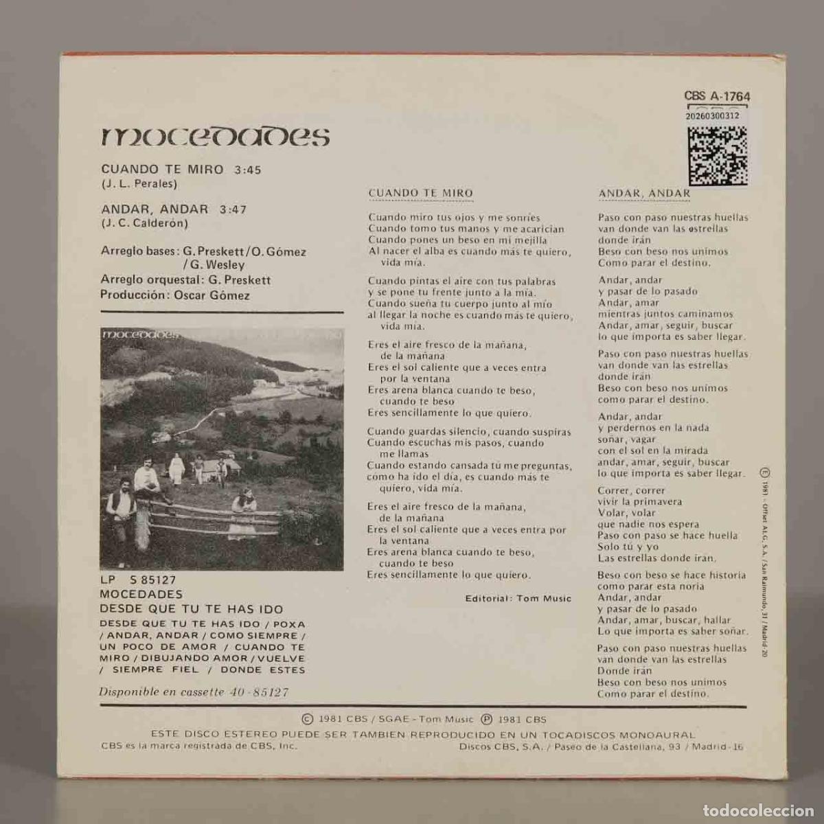 Discos de vinilo: SINGLE. Cuando te miro - Andar, andar - Mocedades - Foto 2