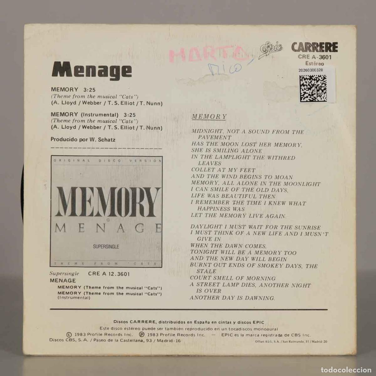 Discos de vinilo: SINGLE. Memory - Menage - Theme from Cats - Foto 2