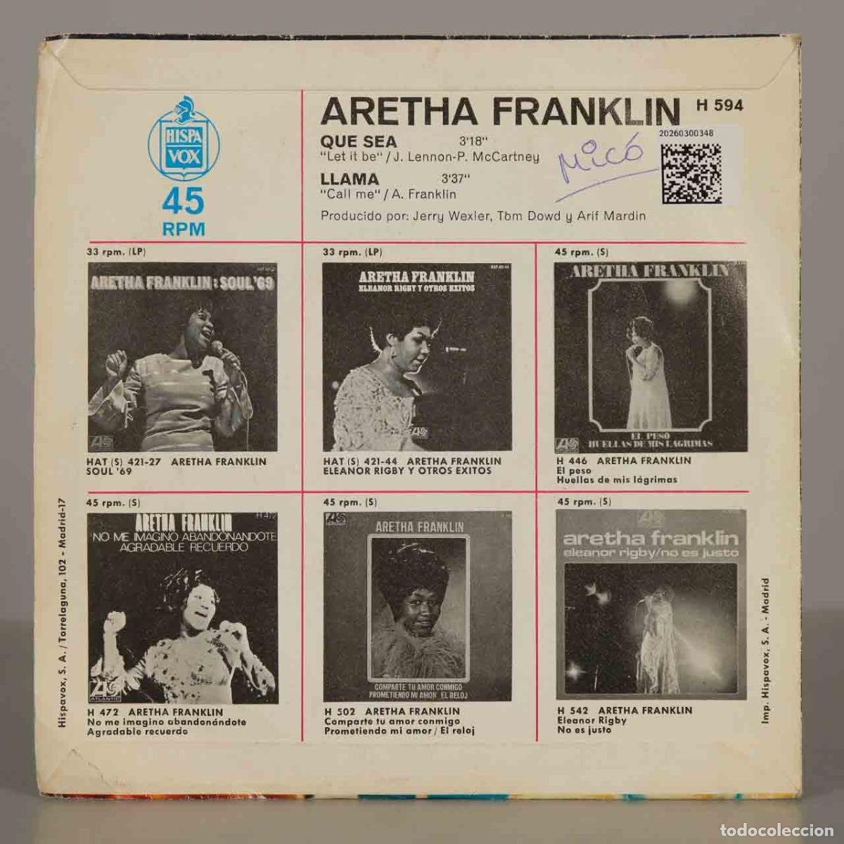 Discos de vinilo: SINGLE. Que Sea / Llama - Aretha Franklin - Foto 2