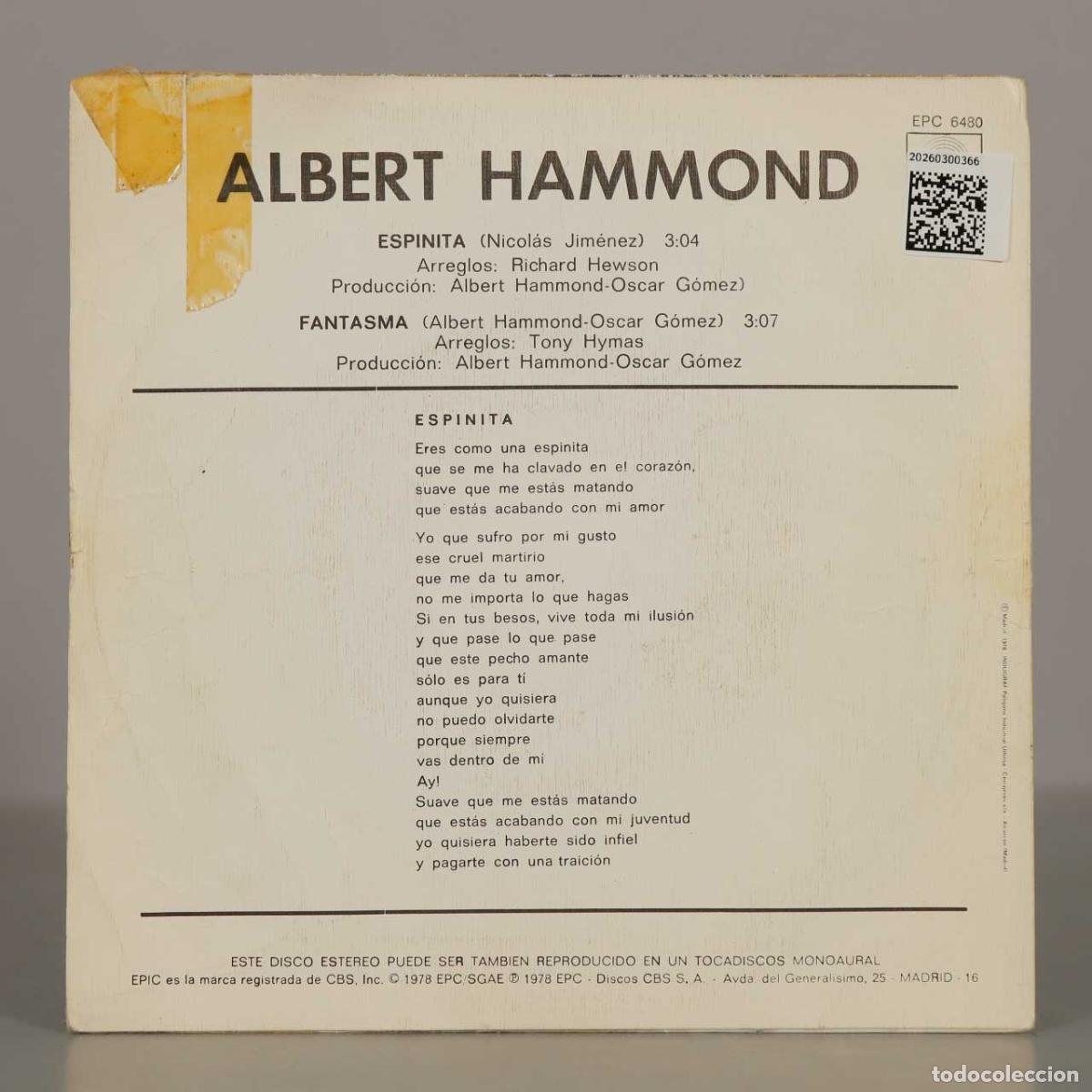 Discos de vinilo: SINGLE. Espinita - Albert Hammond - Foto 2