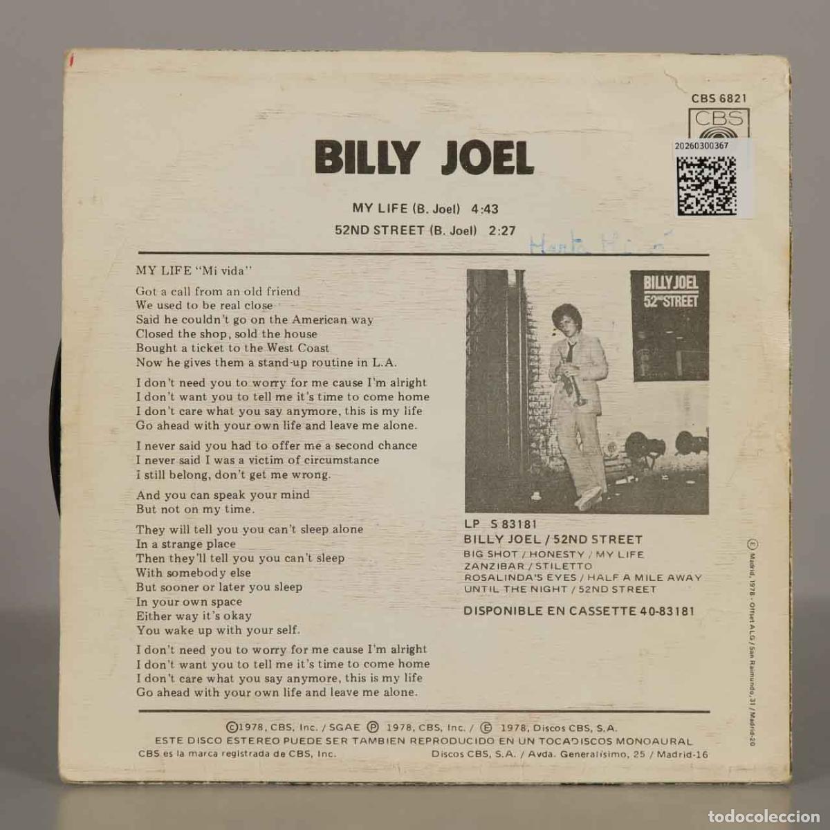 Discos de vinilo: SINGLE. Mi Vida - Billy Joel - CBS - Foto 2