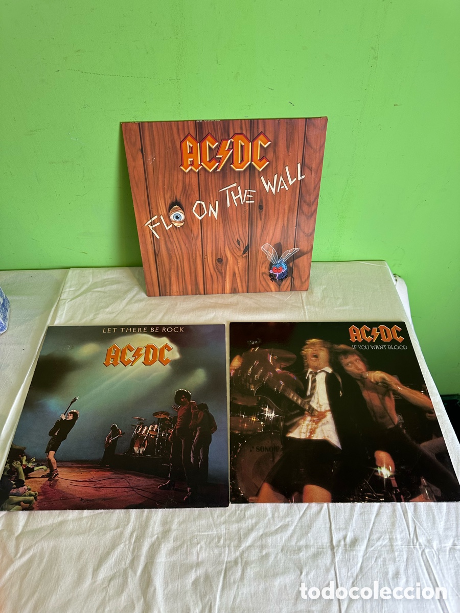 Discos de vinilo: Lote 3 vinilos LPs AC DC cl&aacute;sicos Let There Be Rock If You Want Blood Fly on the Wall