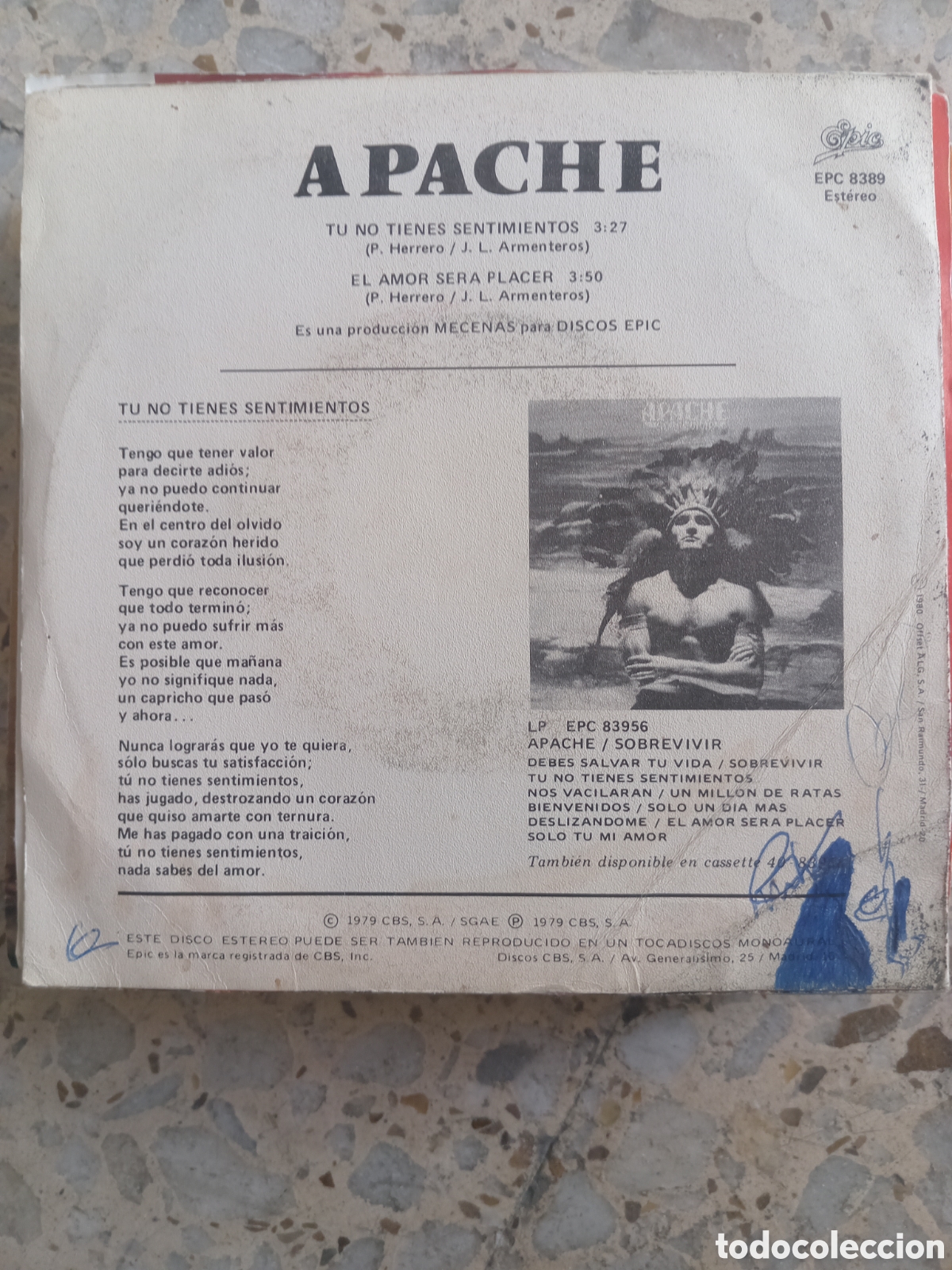 Discos de vinilo: SGL APACHE TU NO TIENES SENTIMIENTOS 1979 - Foto 2