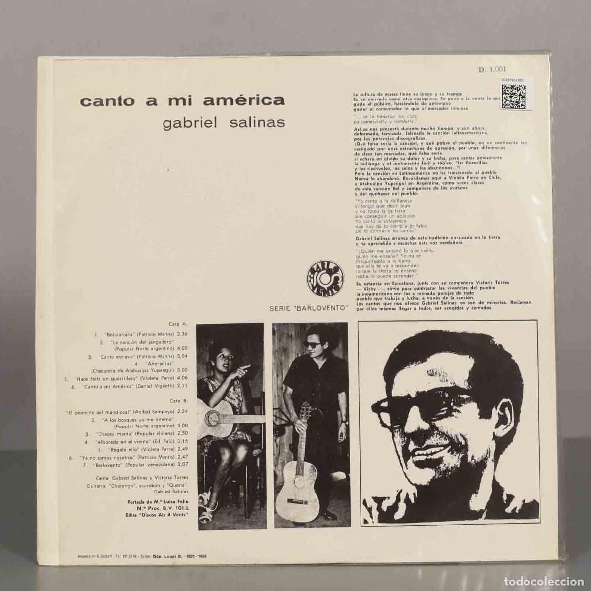 Discos de vinilo: LP. Canto a Mi Am&eacute;rica - Gabriel Salinas - Barlovento - Foto 2