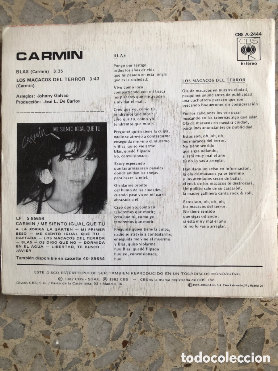 Discos de vinilo: SGL CARMIN BLAS 1982 PROMO - Foto 2