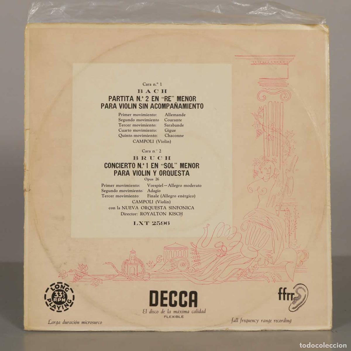 Discos de vinilo: LP. Bach: Partita n.&ordm; 2 en Re Menor - Bruch: Concierto n.&ordm; 1 en Sol Menor - Campoli, Royalton Kisch
