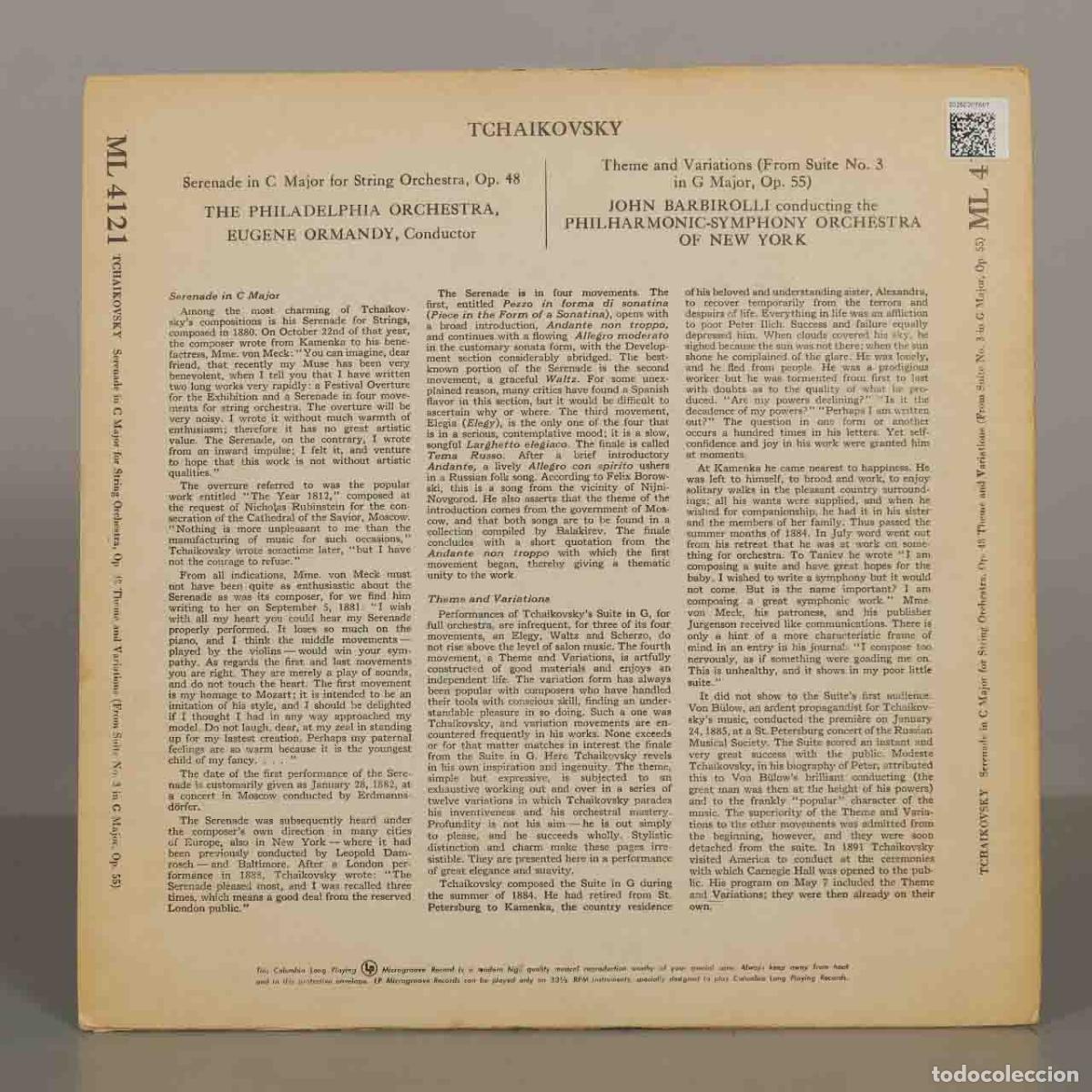 Discos de vinilo: LP. Tchaikovsky: Serenade In C Major For String Orchestra / Theme And Variations - Eugene Ormandy, - Foto 2