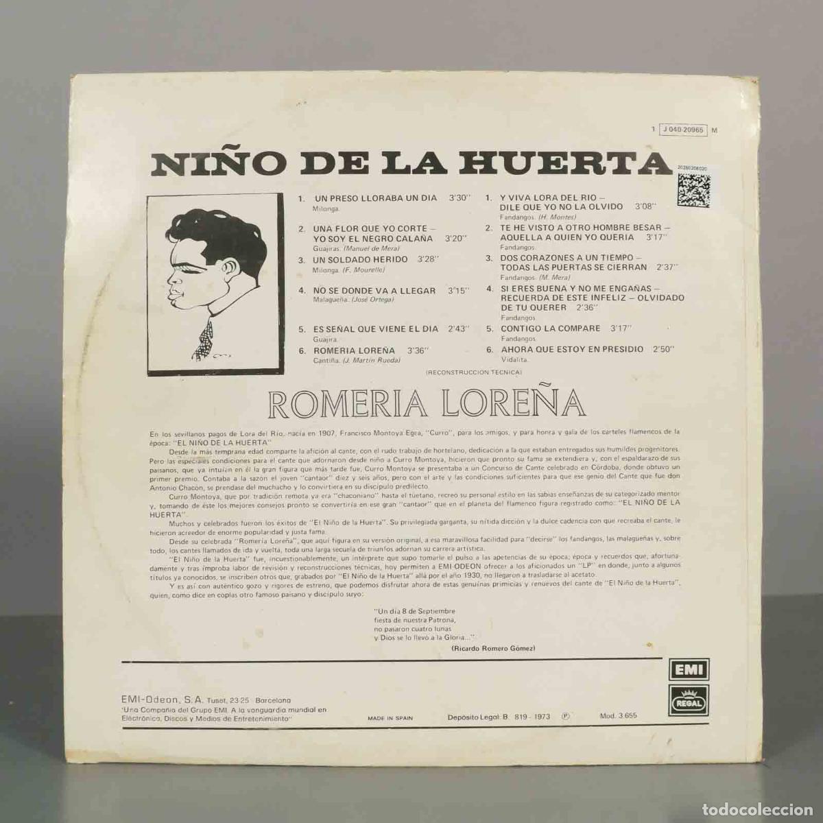 Discos de vinilo: LP. Romer&iacute;a Lore&ntilde;a - Ni&ntilde;o de la Huerta - Foto 2