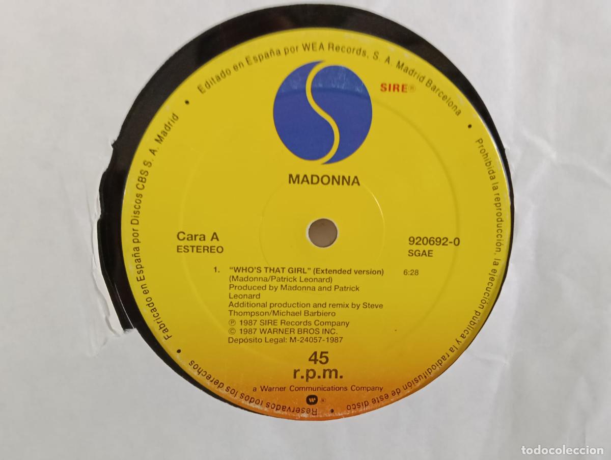 Discos de vinilo: Madonna Who's That Girl Maxi sin portada vinilo con se&ntilde;ales de uso.Ver t&iacute;tulos y dem&aacute;s informaci&oacute;n e
