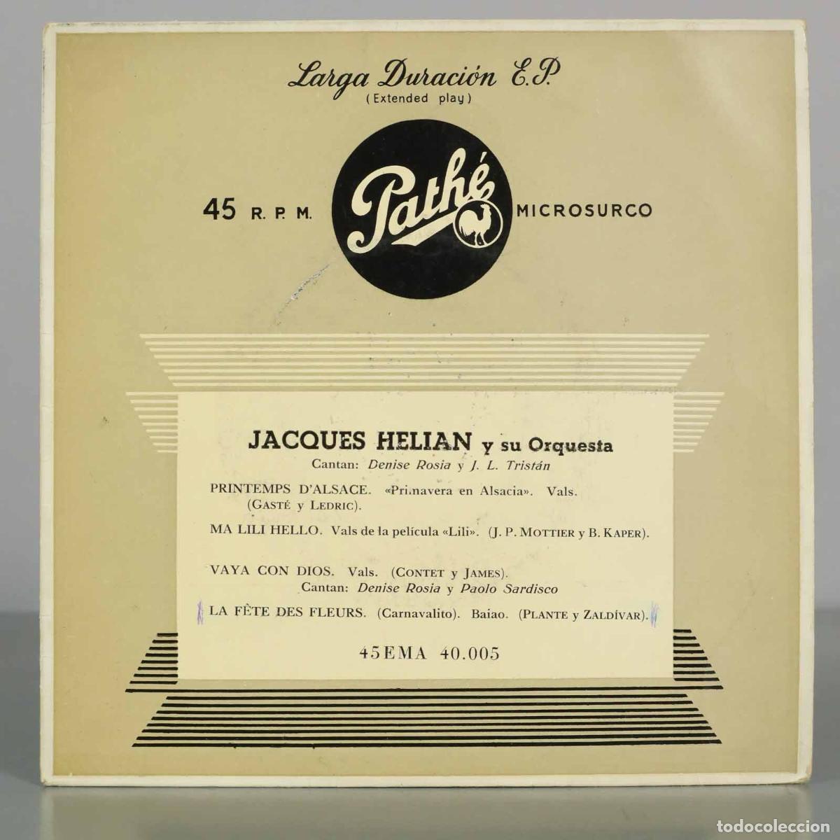 Discos de vinilo: EP. Jacques H&eacute;lian y su Orquesta - Denise Rosia, J. L. Trist&aacute;n, Paolo Sardisco - Path&eacute; Microsurco