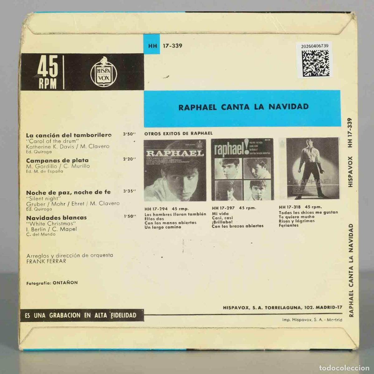 Discos de vinilo: EP. Raphael Canta La Navidad - Raphael - Frank Ferrar - Hispavox - Foto 2