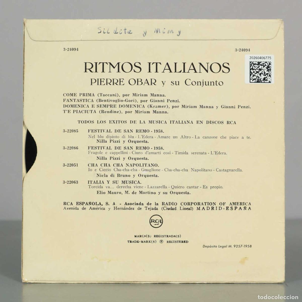 Discos de vinilo: EP. Ritmos Italianos - Pierre Obar y su conjunto - Foto 2