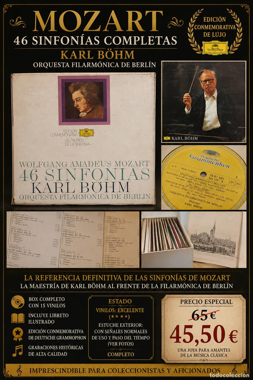 Discos de vinilo: MOZART / 46 SINFON&Iacute;AS COMPLETAS / KARL B&Ouml;HM / FILARM&Oacute;NICA DE BERL&Iacute;N / BOX 15 LP + LIBRETO****