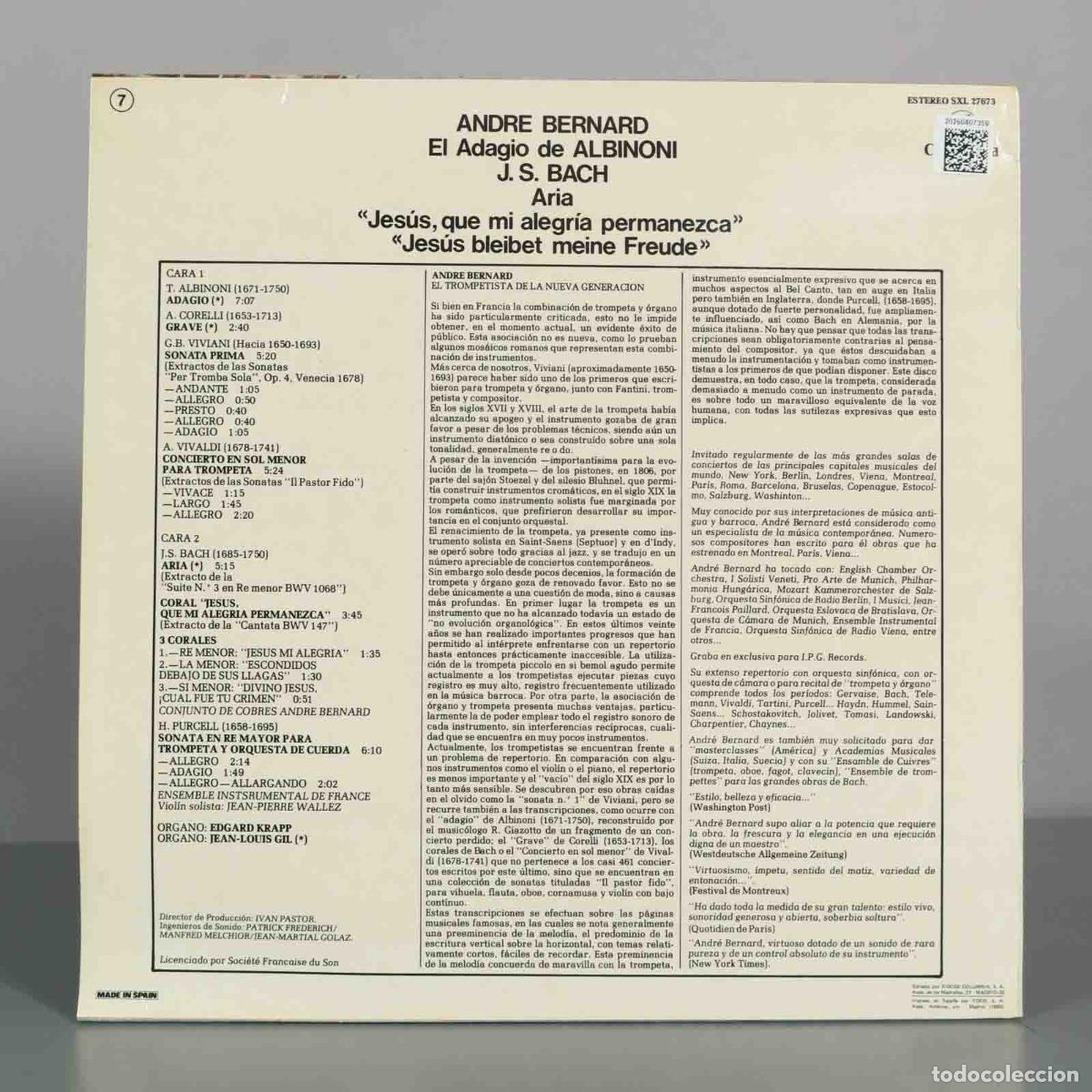 Discos de vinilo: LP. l&acute;Adagio d&acute;Albinoni - Andr&eacute; Bernard, J.S. Bach - Foto 2