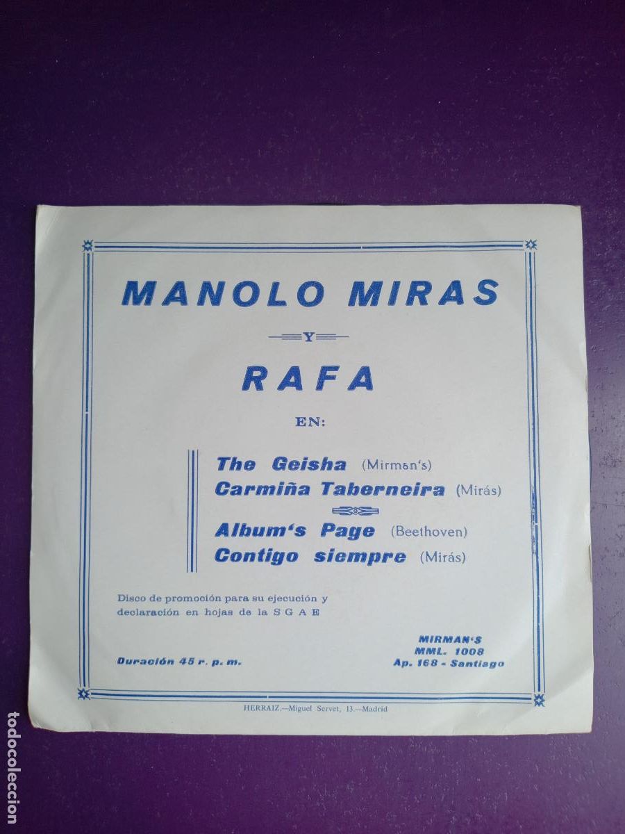 Discos de vinilo: Manolo Mir&aacute;s y Rafa - EP MIRMANS 1961 - THE GEISHA / CARMI&Ntilde;A TABERNEIRA +2 - GALICIA POP 60'S