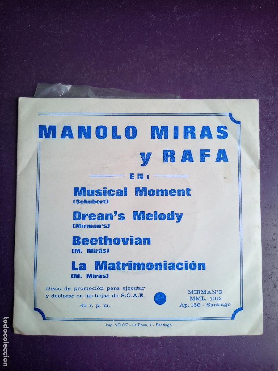 Discos de vinilo: Manolo Mir&aacute;s y Rafa - EP MIRMANS 1962 - MUSICAL MOMENT / DREAN'S MELODY +2 - GALICIA POP 60'S