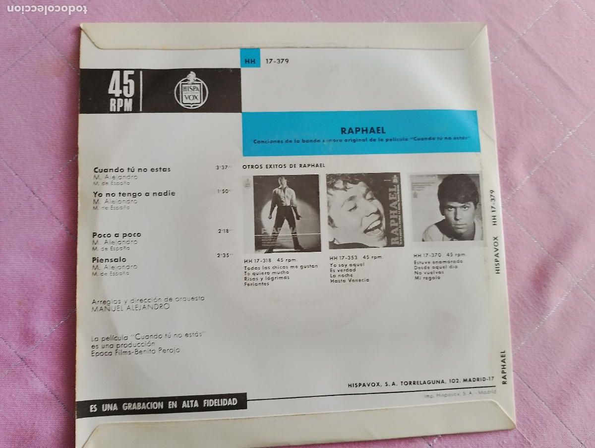 Discos de vinilo: Raphael &ndash; Cuando T&uacute; No Est&aacute;s 1966 - Foto 3