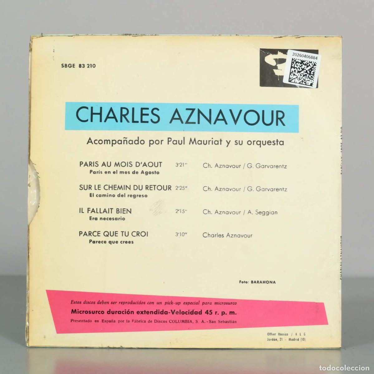 Discos de vinilo: EP. Paris Au Mois D&acute;ao&ucirc;t - Charles Aznavour - Foto 2
