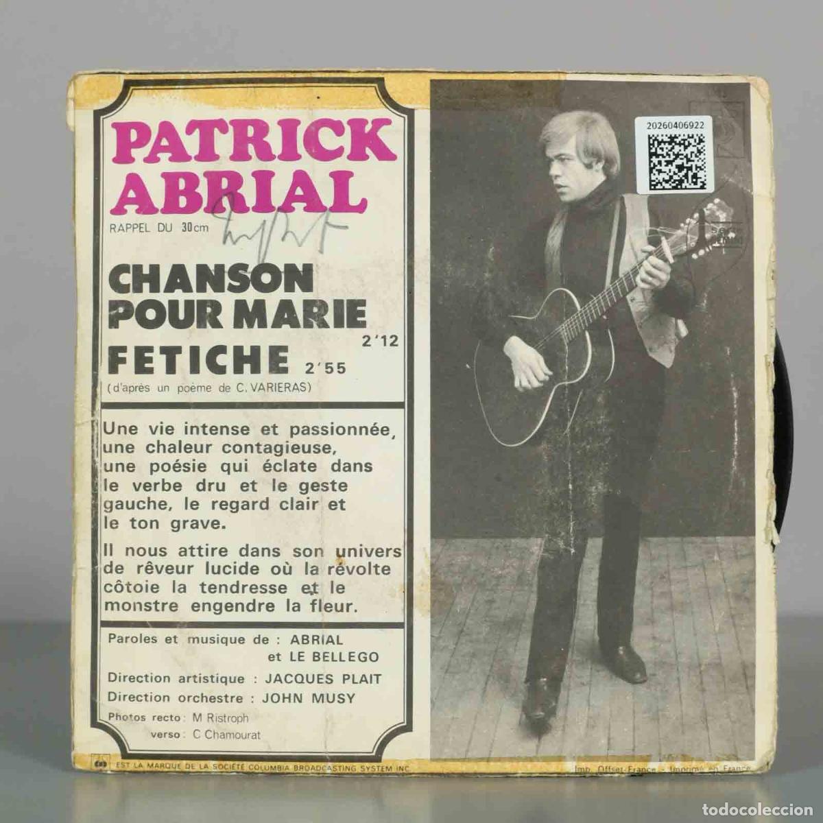 Discos de vinilo: SINGLE. Patrick Abrial - Chanson Pour Marie, F&eacute;tiche - Foto 2