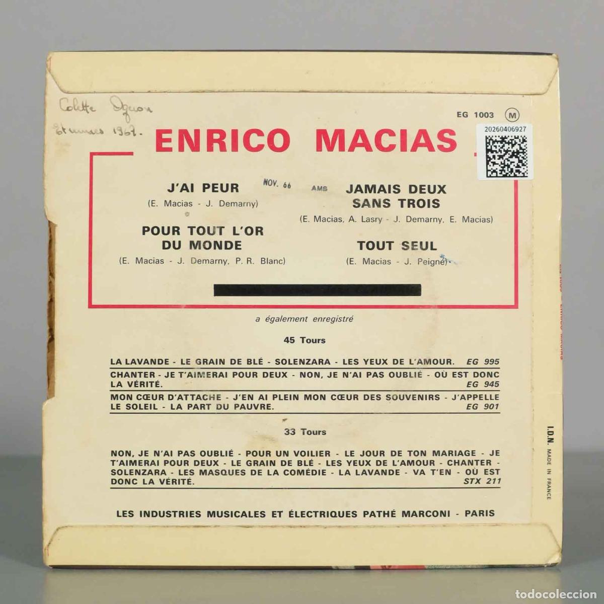 Discos de vinilo: EP. Enrico Macias &ndash; J&acute;ai Peur - Foto 2