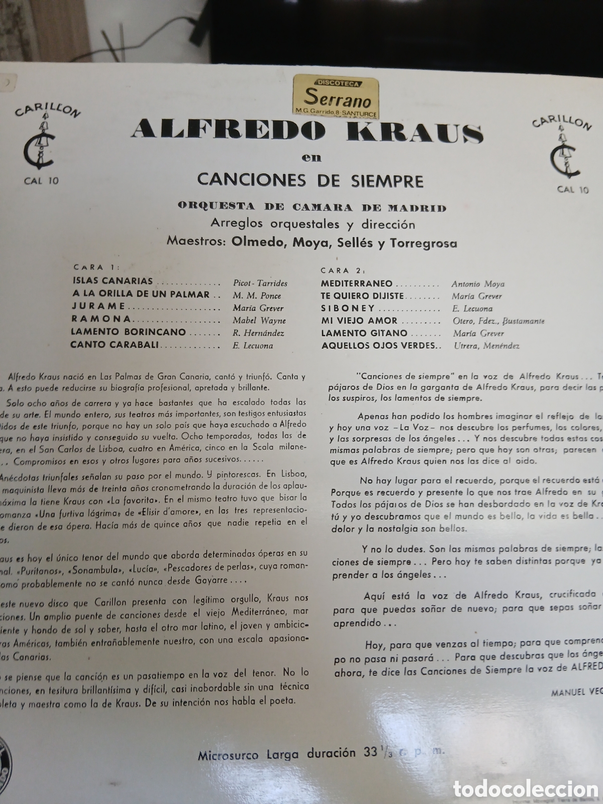 Discos de vinilo: Disco lp Vinilo Alfredo Kraus - Foto 2