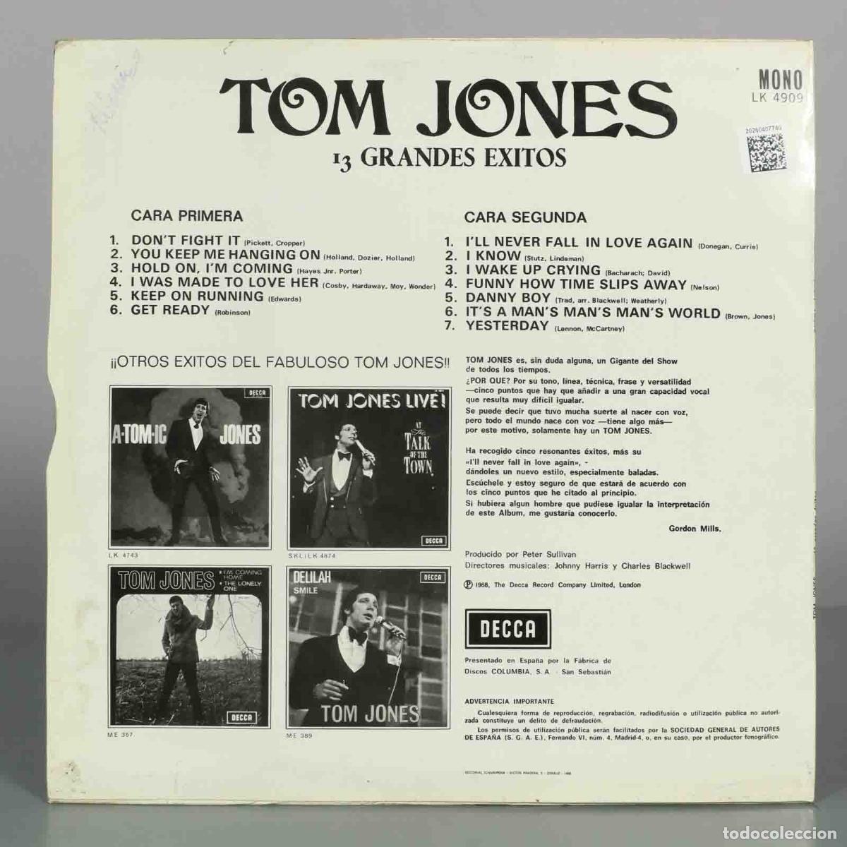 Discos de vinilo: LP. 13 Smash Hits - Tom Jones - Foto 2