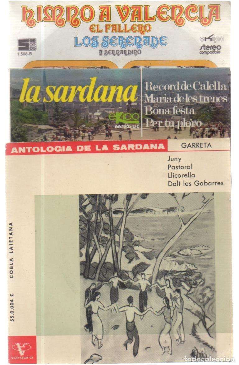 Disques de vinyle: LOTE 3 DISCOS VINILO, E.P. , 45 R.P.M. =SARDANAS GARRETA, COBLA BARCELONA, HIMNO VALENCIA SERENADE