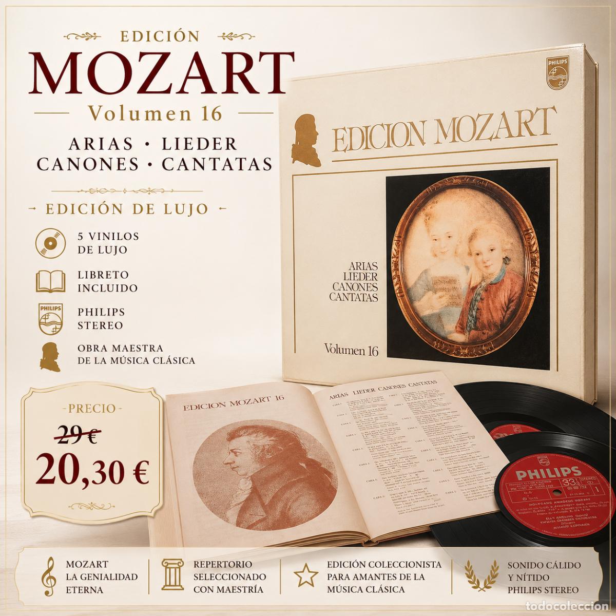 Discos de vinilo: EDICI&Oacute;N MOZART / 16 / ARIAS-LIEDER-CANONES-CANTATAS / BOX CON 5 VINILOS DE LUJO+LIBRETO. ****