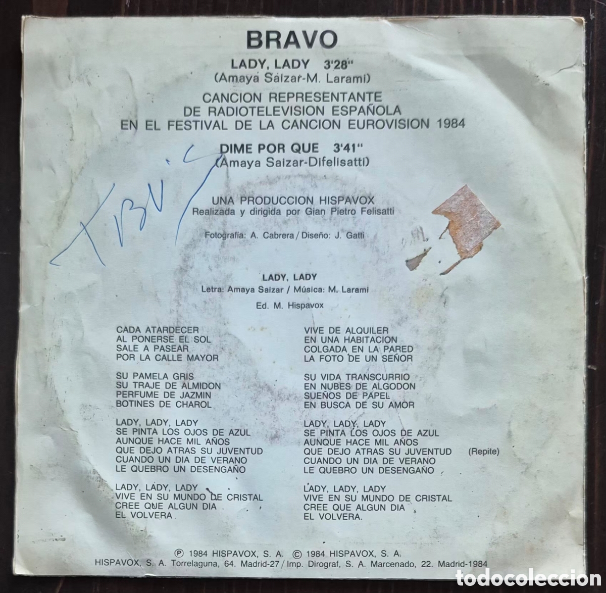 Discos de vinilo: SINGLE - BRAVO - LADY LADY - 1984 ESPA&Ntilde;A - Foto 2