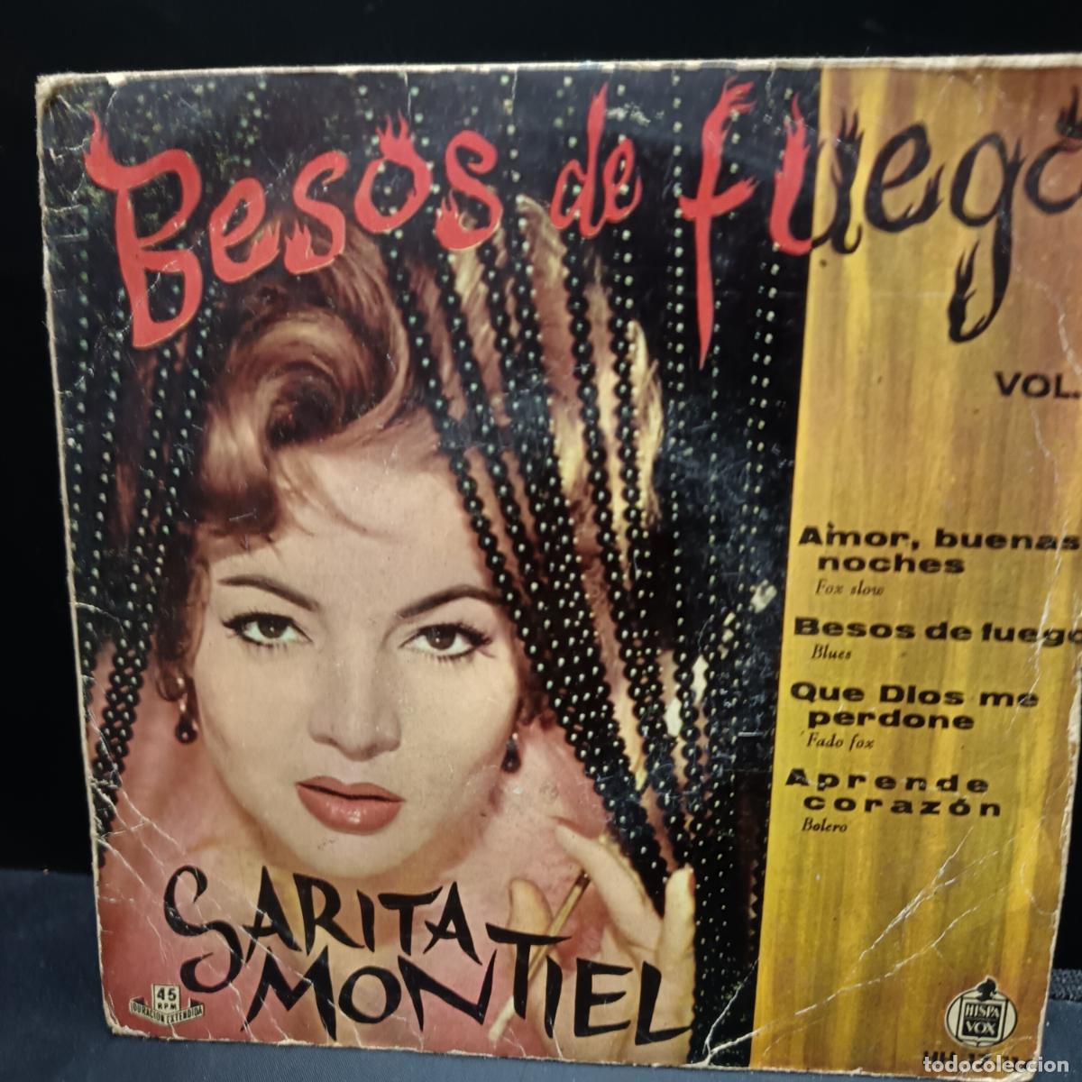 Discos de vinil: SARITA MONTIEL EP 1959 Besos de Fuego/ Amor Buenas noches/ Que Dios me perdone/ Aprende coraz&oacute;n
