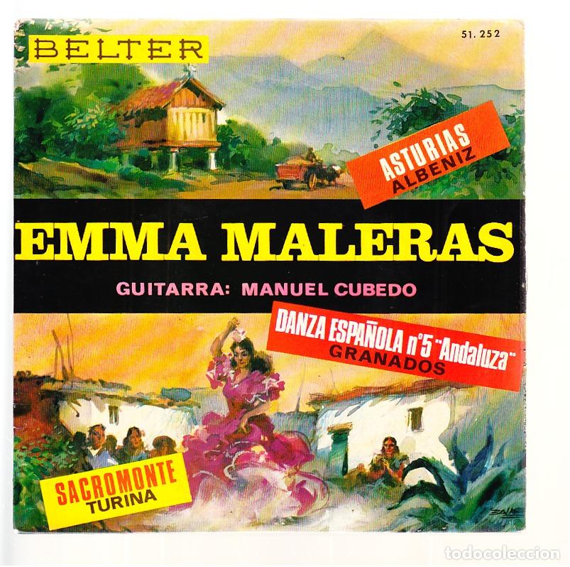 Disques de vinyle: DISCO VINILO, EP 45 R.P.M.= EMMA MALERAS :ASTURIAS , DANZA ESPA&Ntilde;OLA N. 5, SACROMONTE, ***FIRMADO***