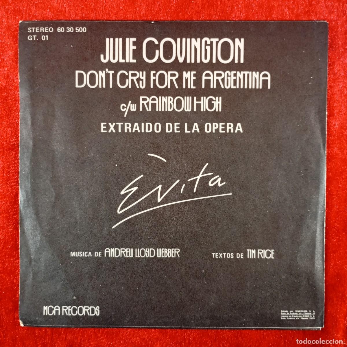 Discos de vinilo: EVITA - JULIO COVINGTON - CON'T CRY FOR ME ARGENTINA - 60 30 500 - SINGLE - DISCO VINILO / 3828