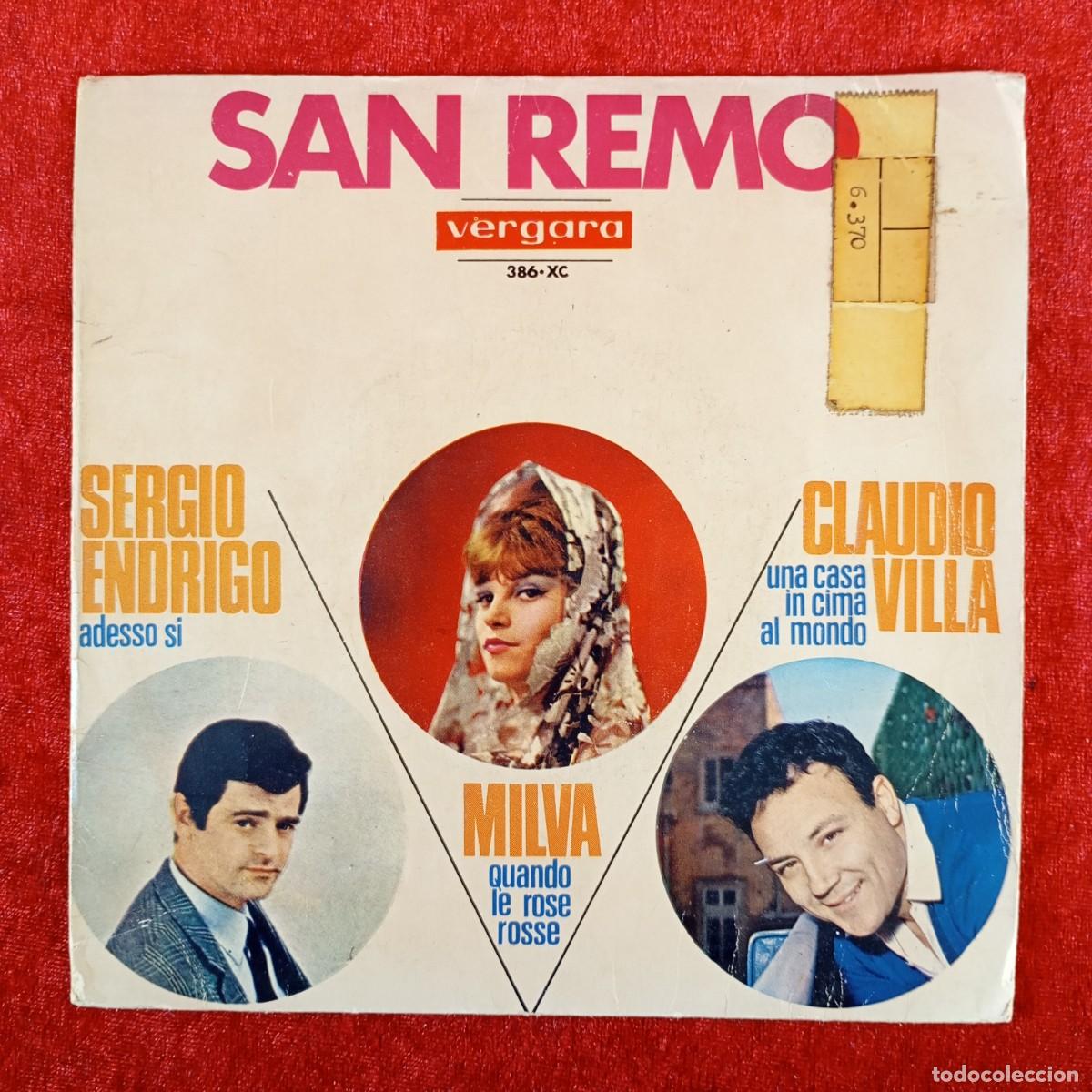 Discos de vinilo: SAN REMO - VERGARA - SERGIO ENDRIGO - CLAUDIO VILLA - MILVA - 286-XC - SINGLE - DISCO VINILO / 3939